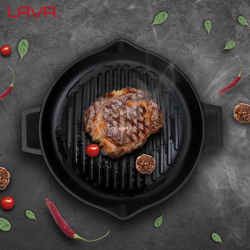 LAVA CAST IRON Lava Enameled Cast Iron Grill Pan 12 inch-Concave-Round with Pour Spouts