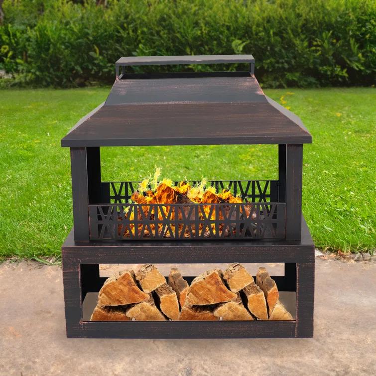 Lark Manor™ Courter 29" Rectangle Bronze Finish Steel Outdoor Fireplace with Log Storage