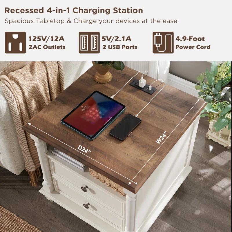 OKD Rushville Farmhouse 2 - Drawers Nightstand with Charging Station, Tall Rustic Wood Square End Table with Open Shelf