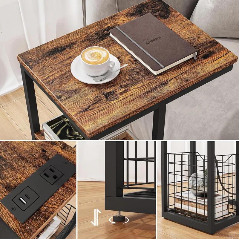 17 Stories C Shaped End Table With Charging Station, Side Table For Couch, Small Side End Table For Small Spaces, 28" High Slide Under Sofa Table For Coffee, Tv Tray Table For Living Room, Rustic Brown