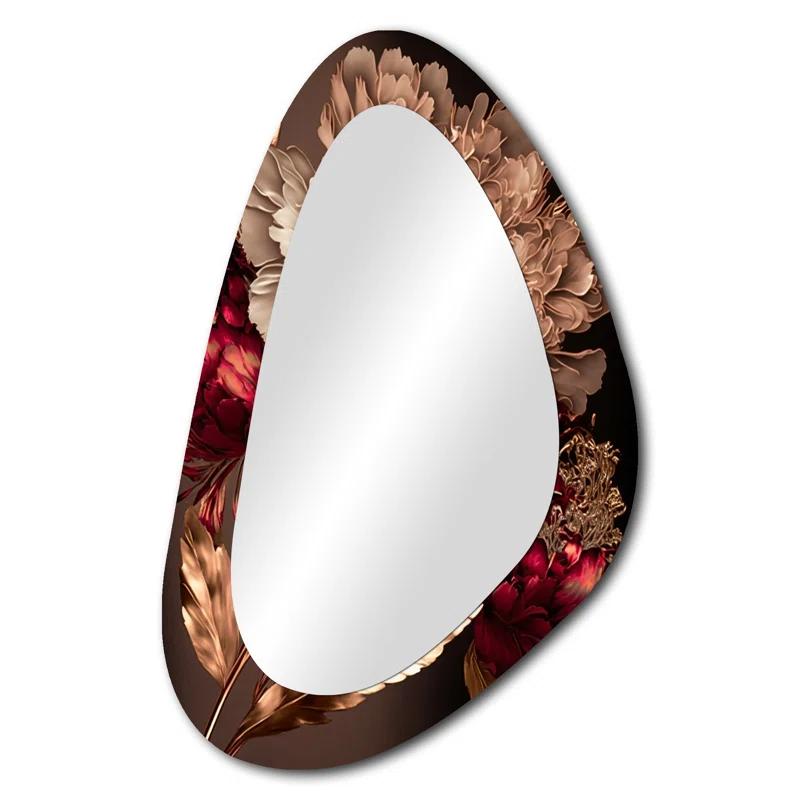 Design Art Gilded Rose Vintage Glam IV - Floral Asymmetrical Decorative Wall Mirror, Pink Unique Shape Large Mirror, Printed Metal Art