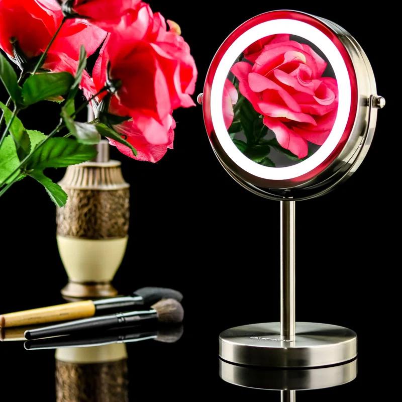 Ovente OVENTE 6" Lighted Makeup Mirror with 1X/7X Magnification, Cordless Tabletop Mount Vanity Round Mirror with 360° Swivel Design and Double Sided Cool Tone LED Ring Light, Nickel Brushed MLT60BR1X7X