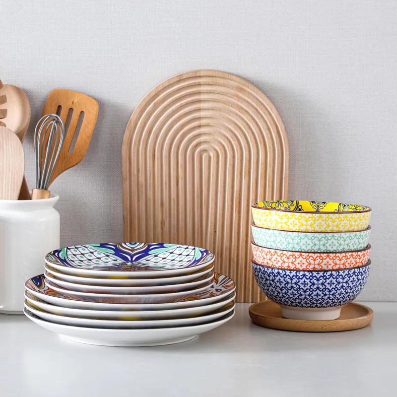 Bloomsbury Market Plates And Bowls Sets For 4,  Porcelain Dinnerware Sets Dishware Sets Chip Resistant Ceramic Dish Set Dining Dinner Ware Service, Series Jasmin,(12 Pieces/Mixcolor)