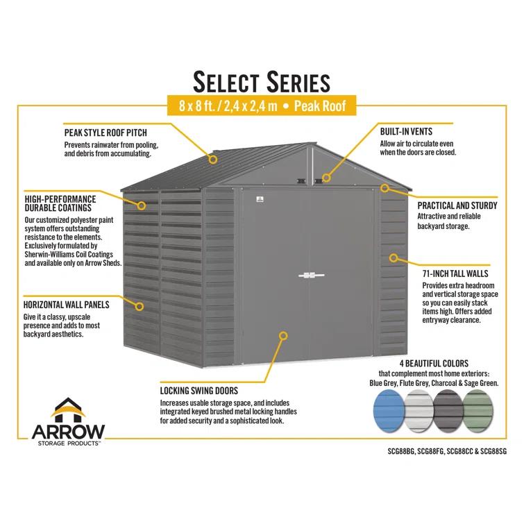 Arrow 8 ft. W x 8 ft. D Galvanized Steel Storage Shed