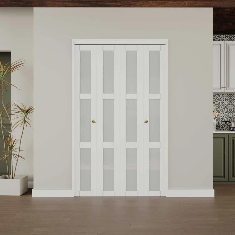 CHIC MODE Double Bifold Doors 3 Lite Frosted Glass Solid Manufactured Wood Prefinished Folding Door