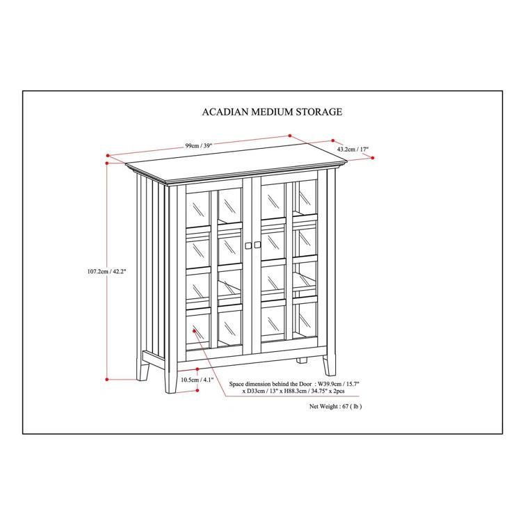 Simpli Home Acadian Solid Wood Shelf Storage Cabinet with Glass Doors and Adjustable Shelves