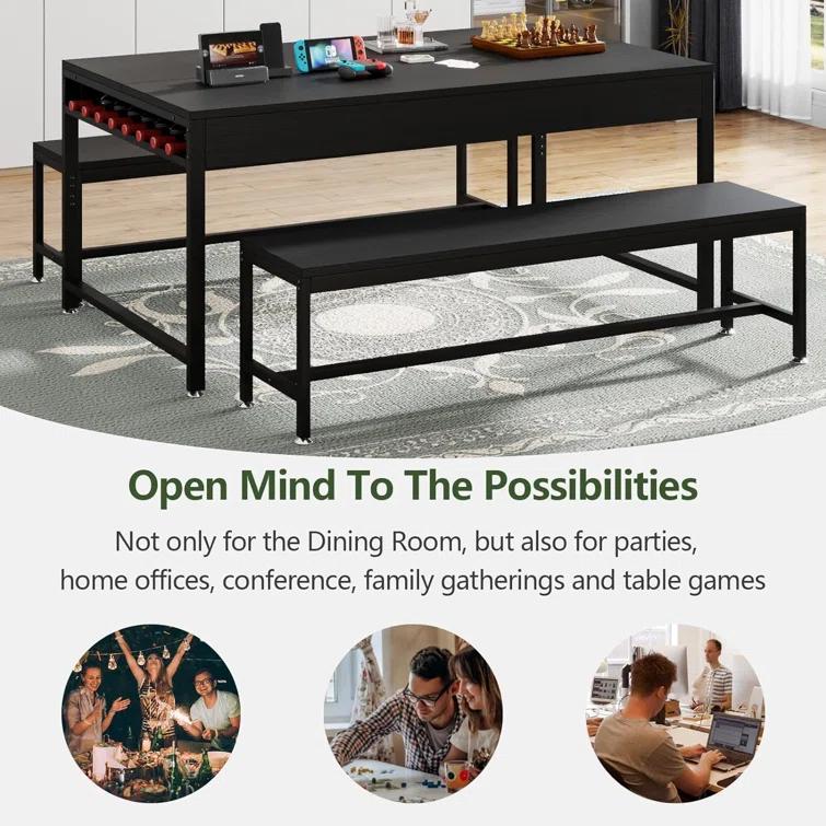 17 Stories Zubie 63"Dining Table Set for 4-6, 3-Piece Kitchen Table with 2 Utensil Drawers,2 Benches&Wine Rack