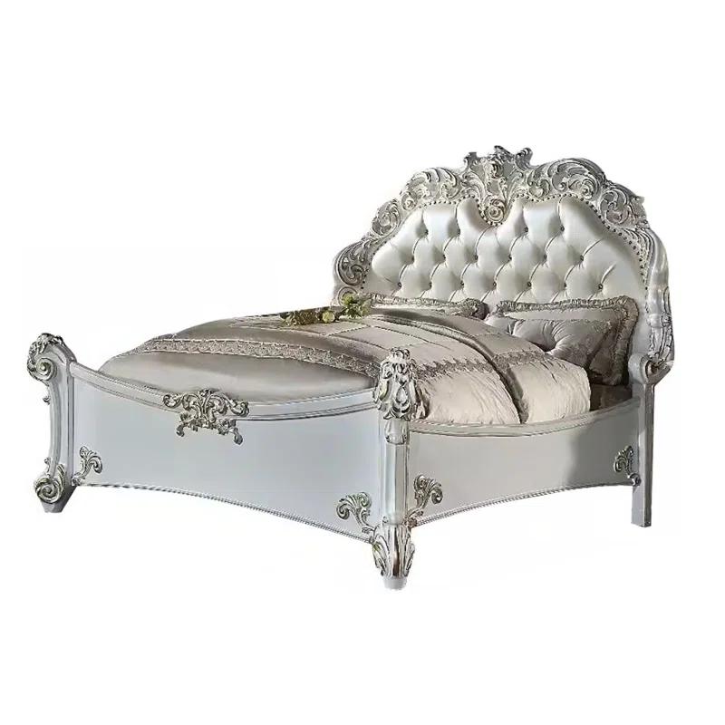 Benjara Antoine Bed, White Faux Leather Victorian Carved, Antique White