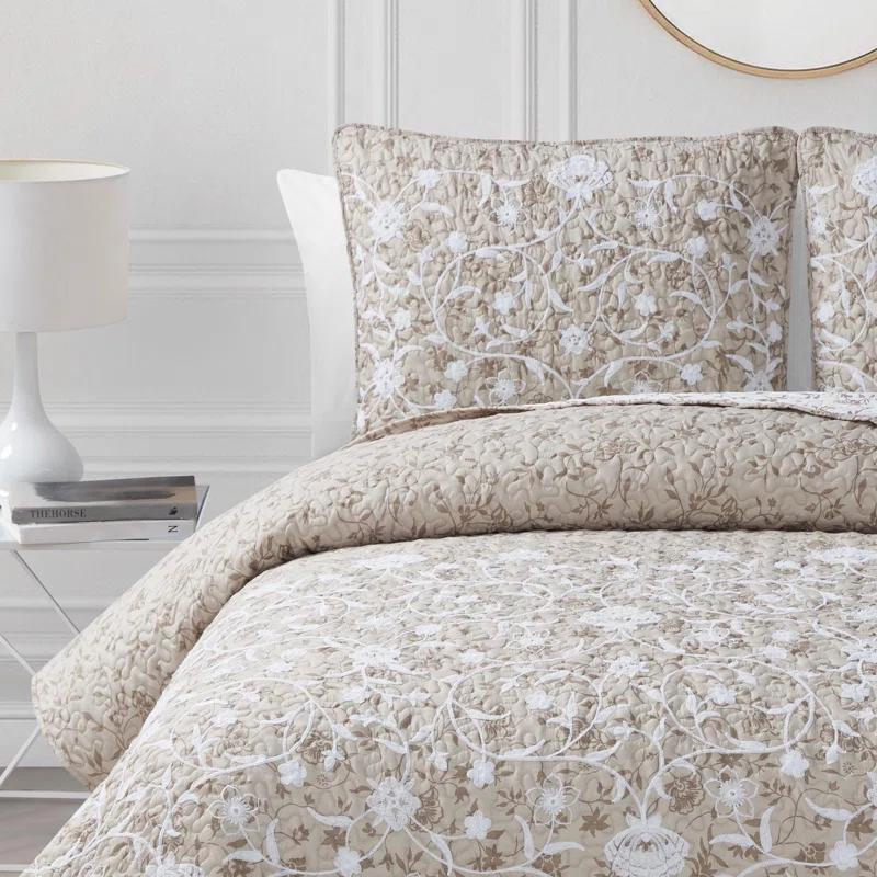 CEDAR COURT Kendall Vine Leaf Embroidery Taupe Neutral All-Season Reversible Soft Microfiber Quilt Set
