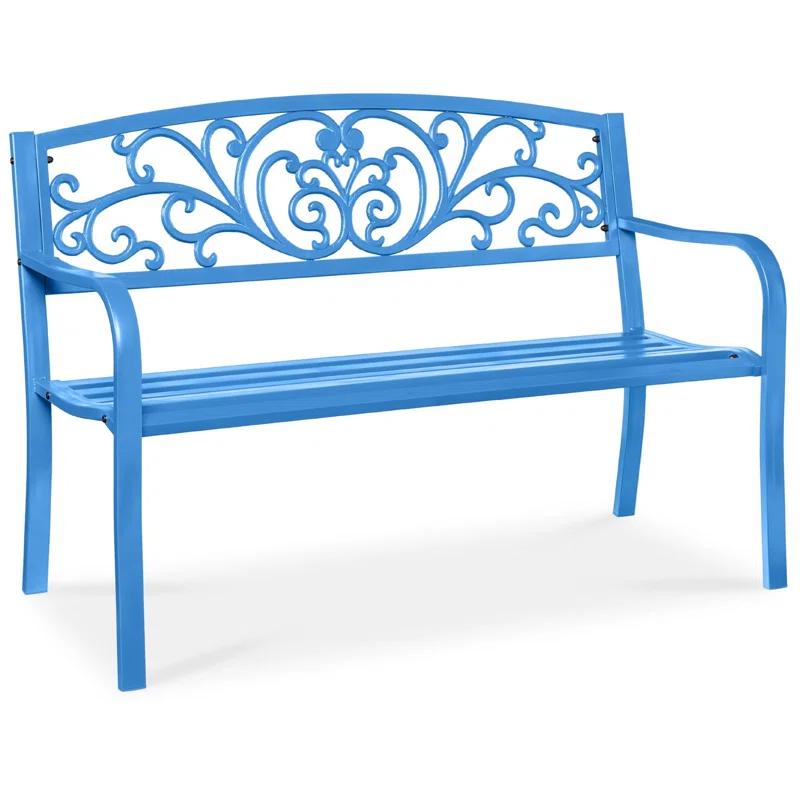 World Menagerie Outdoor Steel Bench with Floral Backrest & Slatted Seat, Marigold for Garden, Patio, Porch, Lawn, and Deck