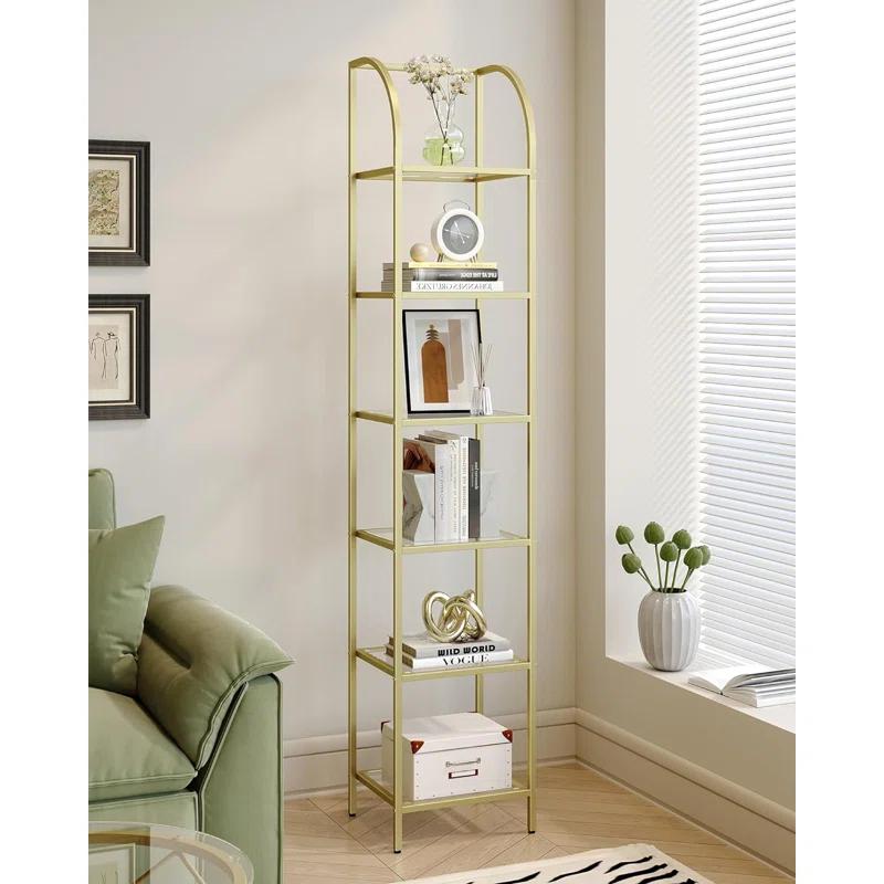 Mercer41 Bookcase Bookshelf, Tempered Glass Arched Bookshelf For More Storage, Slim Shelving Unit For Bedroom, Bathroom, Home Office, Steel Frame, 6 Tier Gold