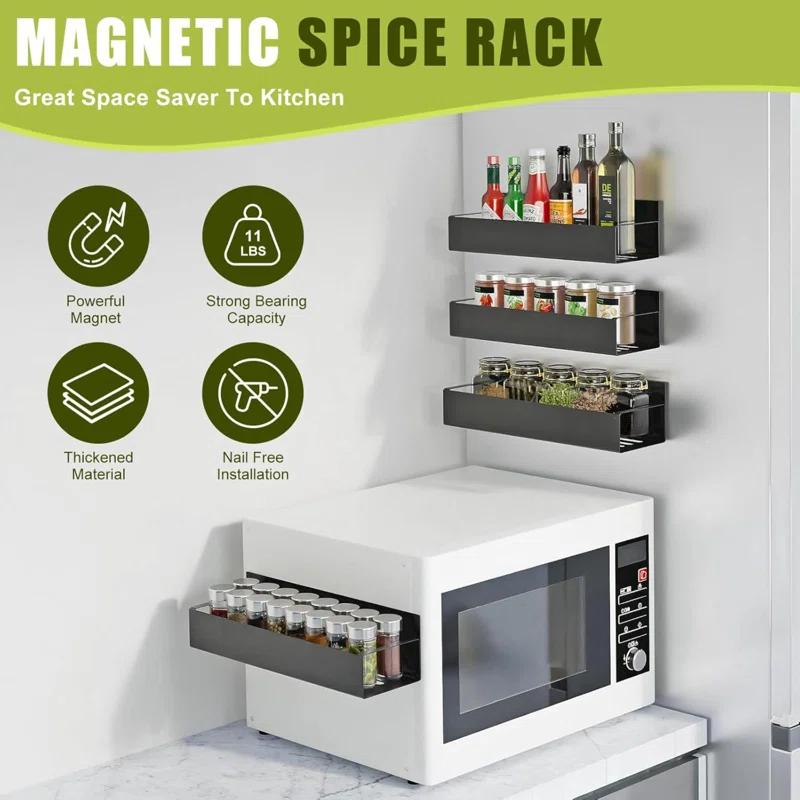 Textiles Hub 4 Pack Magnetic Spice Rack For Refrigerator, Moveable Magnetic Spice Organizer, Black Metal Strong Magnetic Shelf For Fridge And Microwave Oven, Space Saving For Kitchen