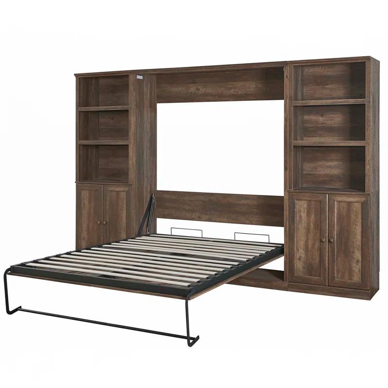 LOONGFIELD Full Size Half Self-Close And Open Murphy Bed With 2 Side Cabinet Storage Shelf, Cabinet Space-Saving Bed Perfect For Guest Room, Bed Room, Guest Room, Home Office