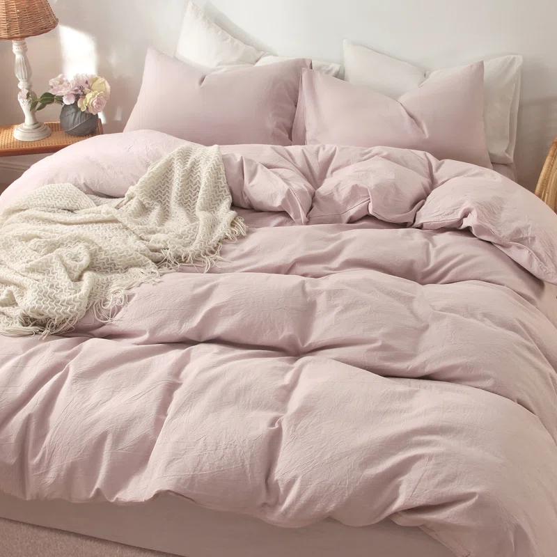 MOOMEE 100% Washed Cotton Linen Like Textured Duvet Cover Set