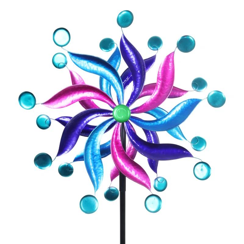 Pink and Blue Metal Double Pinwheel Spinner Garden Stake