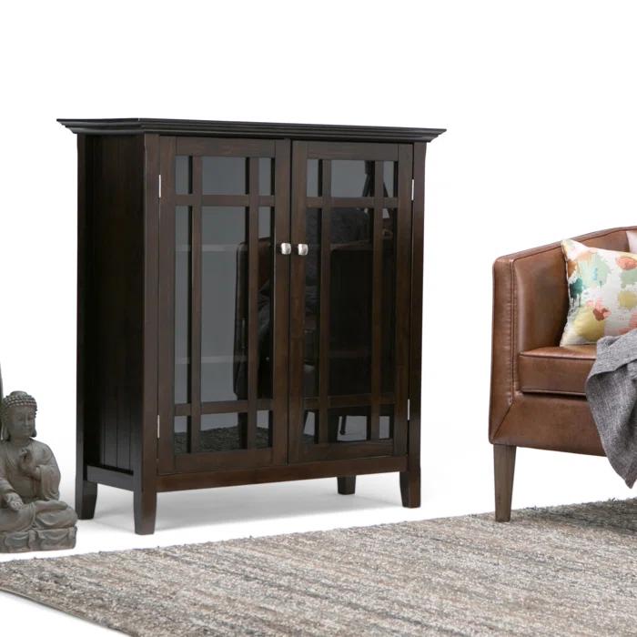 Simpli Home Bedford 39"W Solid Wood 4-Shelf Medium Storage Cabinet with Glass Doors and Adjustable Shelves