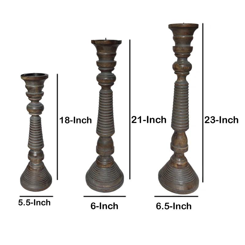 Mango Wood Handmade Decorative Light Gray Candle Holder Set (Set of 3)