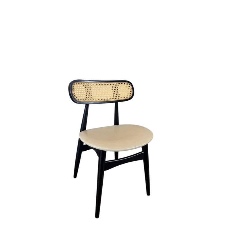 Bayou Breeze Set of 2 Black Wood Dining Chairs with Rattan Backrest (Set of 2)