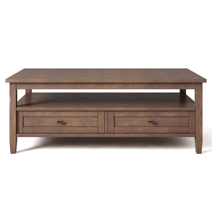 Simpli Home Warm Shaker 48"W Solid Wood Coffee Table with Two Storage Drawers and Open Shelf
