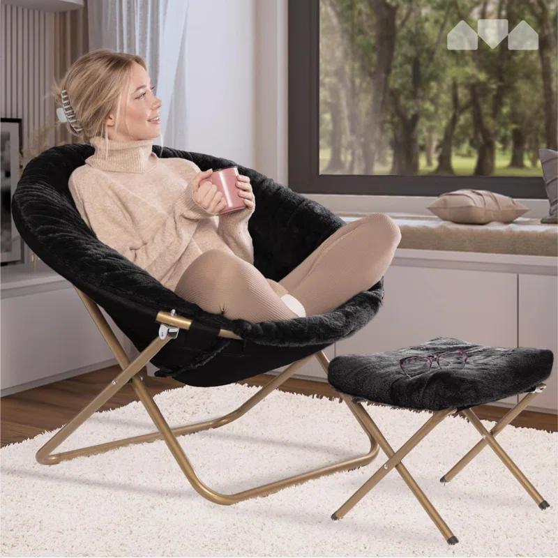 Milliard Cozy Faux Fur Saucer Chair X-Large with Footrest, Black