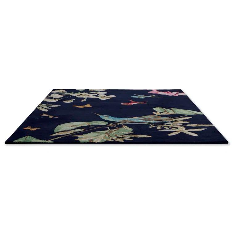 Hand-Tufted Navy Wool and Viscose Floral Area Rug, 8'2'' x 11'5''