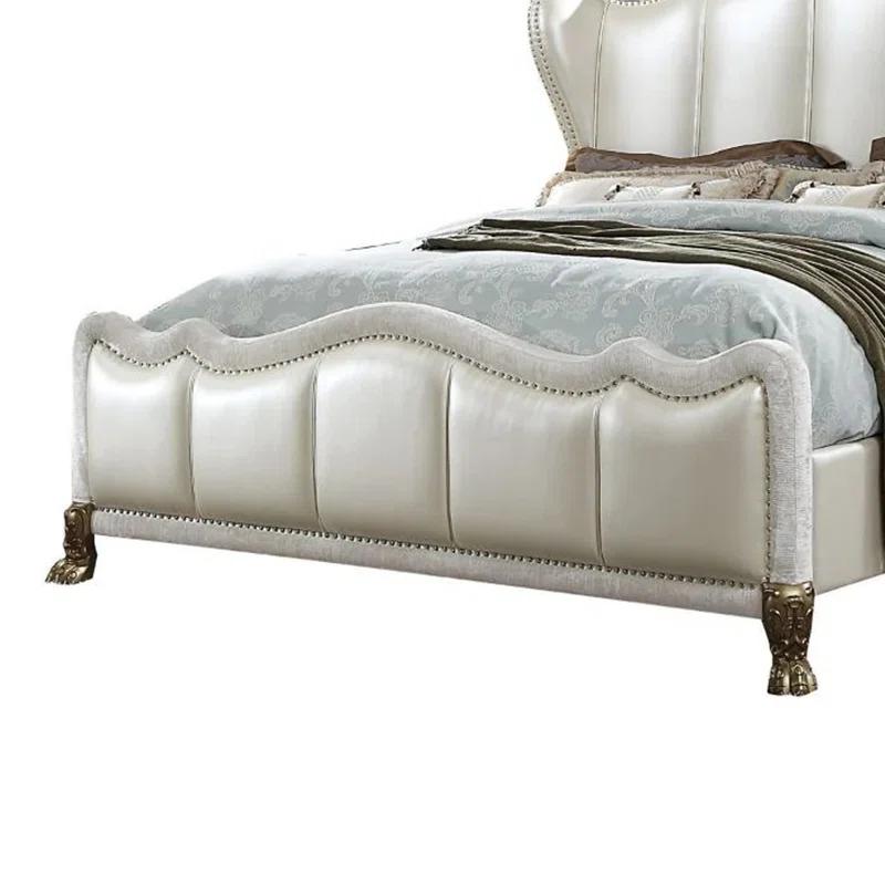 Benjara Ally Bed, White Faux Leather Victorian Carved, White And Silver