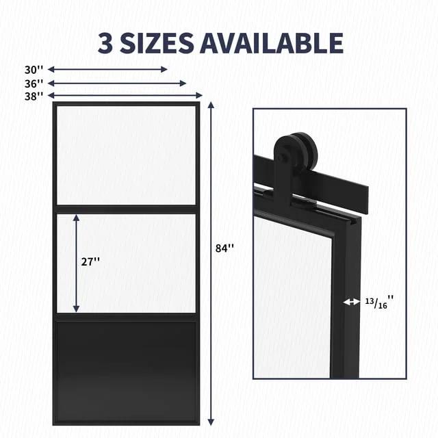 TREEBLING 84" Metal and Glass Sliding Barn Door with Two-Way Soft Close and Installation Hardware Kit