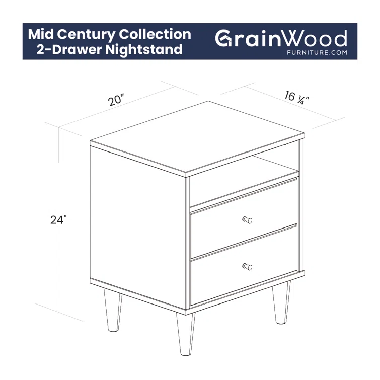 Grain Wood Furniture Mid Century Two-Drawer Nightstand