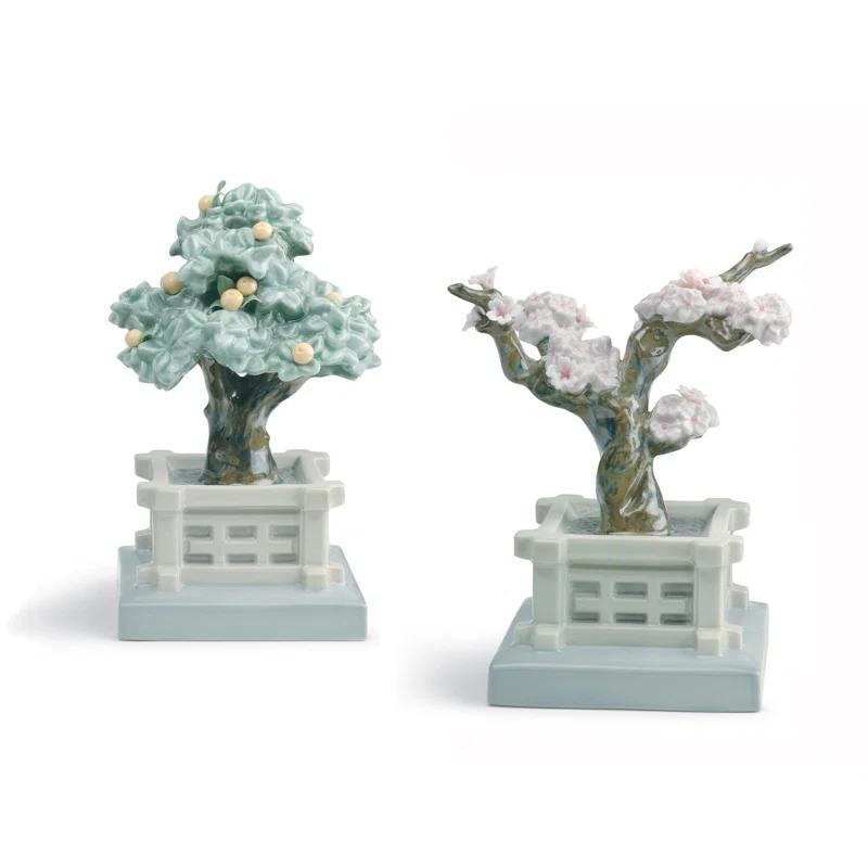 Lladro 2 Piece Japanese Tree Pots Sculpture Set