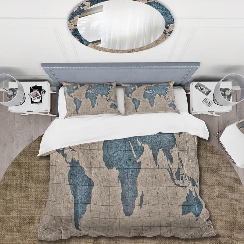 Ancient Map of The World I - Rustic Duvet Cover Set - Microfiber Polyester