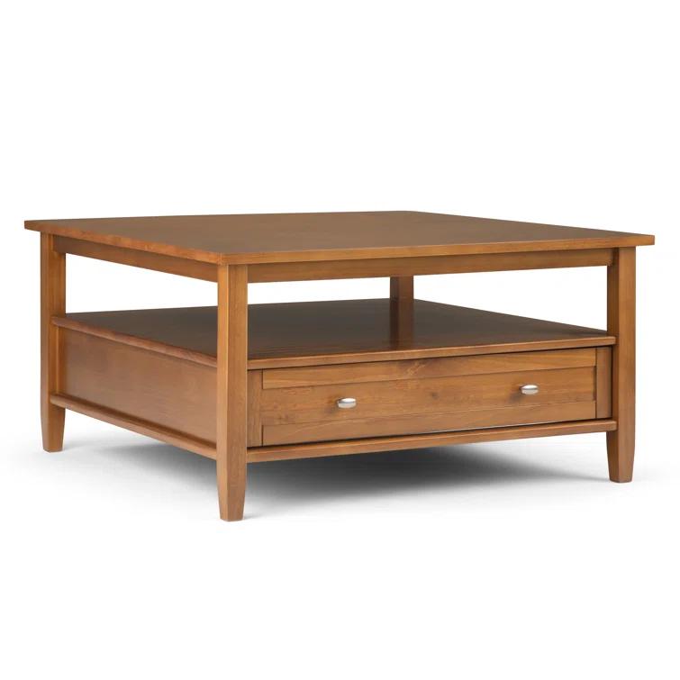 Simpli Home Warm Shaker 36"W Solid Wood Square Coffee Table with Two Drawers and Open Shelf
