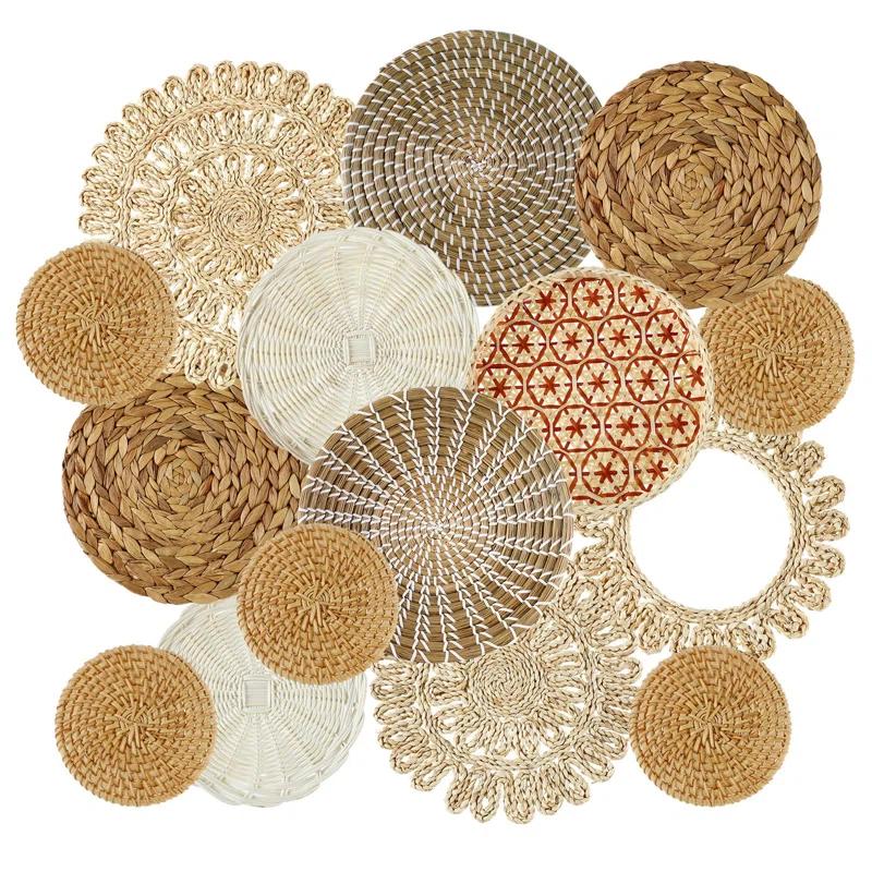 Bungalow Rose Siena 15 Pcs Boho Siena Hanging Woven Sienaative Rustic Handcrafted Seagrass Baskets Round Woven Hanging Art For Home Farmhouse Kitchen Table Living Room