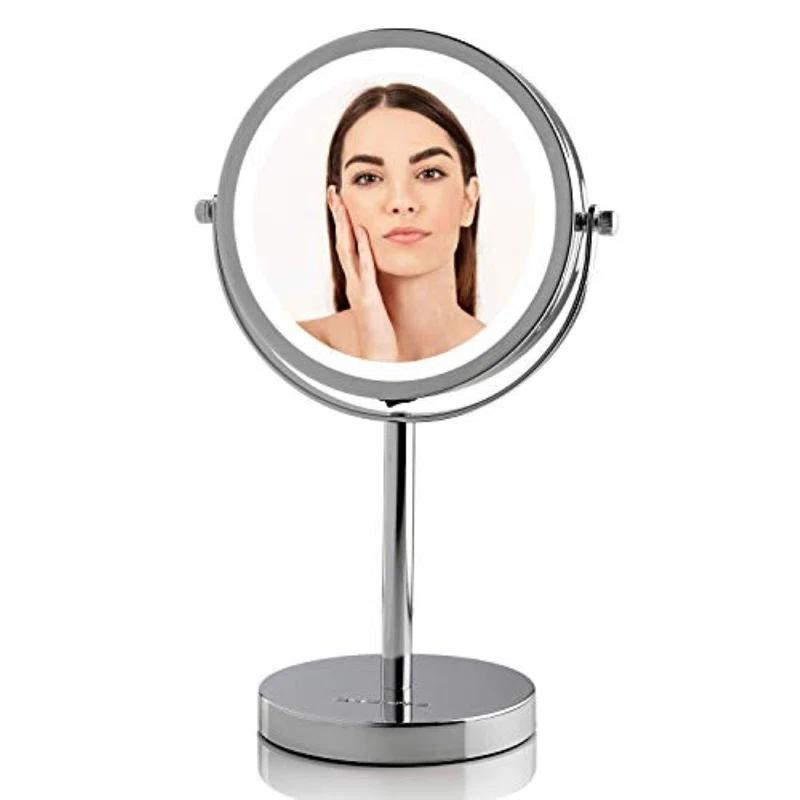 Ovente OVENTE 6" Lighted Makeup Mirror with 1X/7X Magnification, Cordless Tabletop Mount Vanity Round Mirror with 360° Swivel Design and Double Sided Cool Tone LED Ring Light, Nickel Brushed MLT60BR1X7X