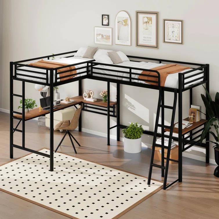 Mason & Marbles Double Twin Size Loft Beds, Metal L-Shaped Loft Bed Frame With Two Desk