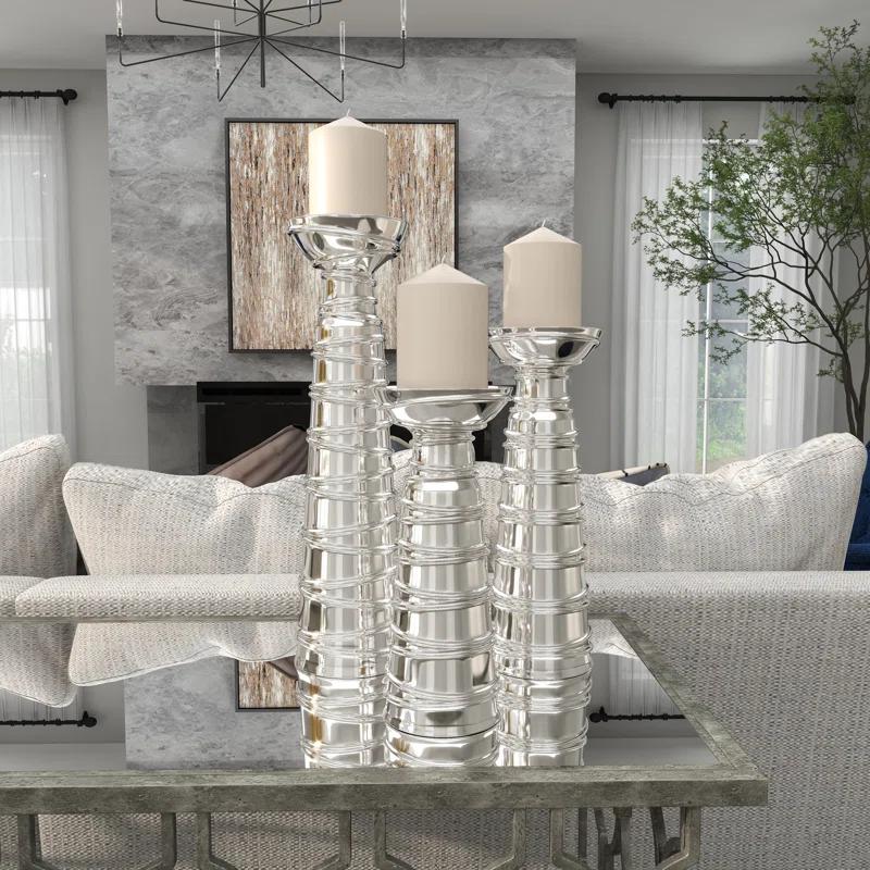 Mercer41 Ceramic Abstract Wrapped Decorative Silver Candle Holder Set