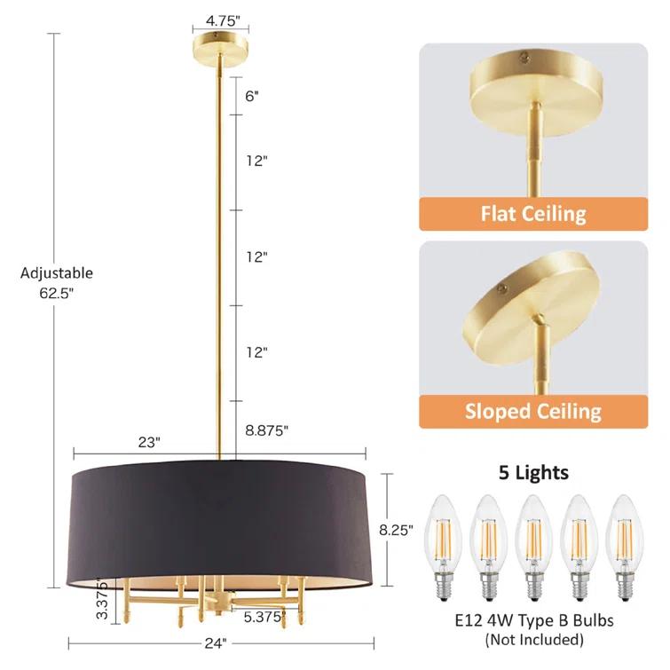 Hampton Hill Presidio 5-Light Dimmable Chandelier with Drum-shaped Fabric Shade & Adjustable Height