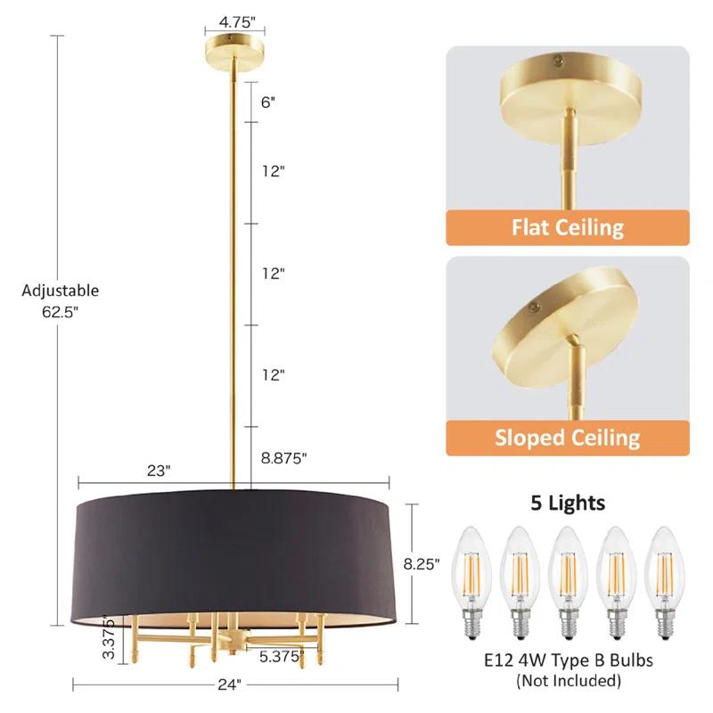 Hampton Hill Presidio 5-Light Dimmable Chandelier with Drum-shaped Fabric Shade & Adjustable Height