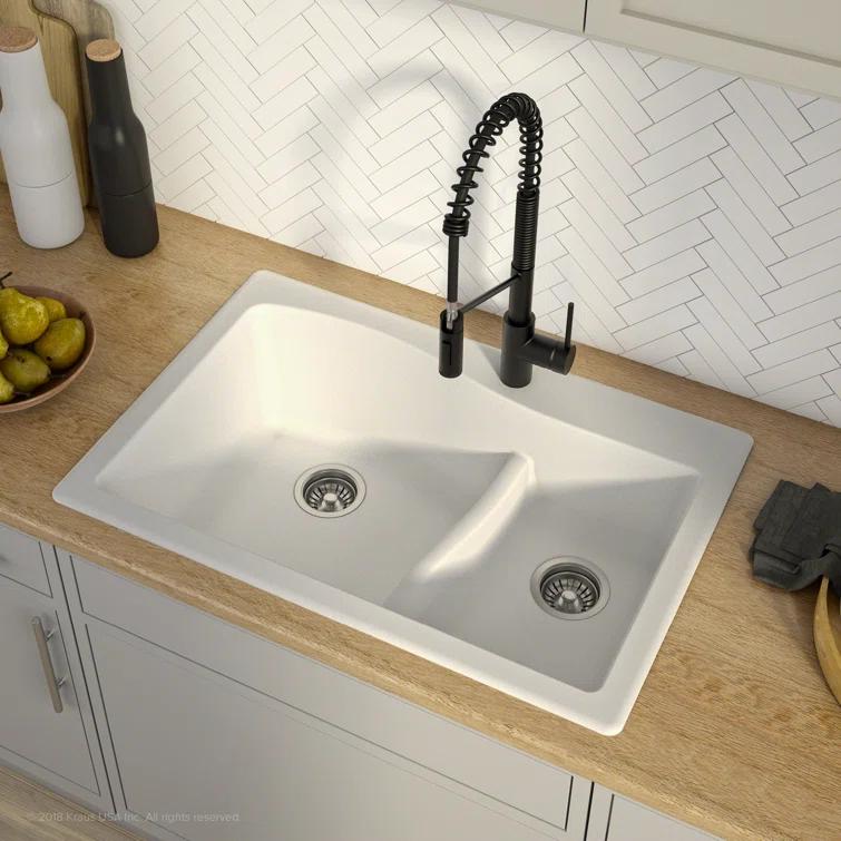 Kraus KRAUS Quarza™ 33" L Dual Mount 60/40 Double Bowl Granite Kitchen Sink and Strainers KGD-442WHITE-PST1-WH