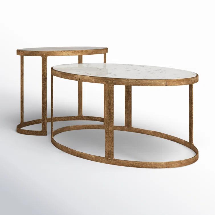 Gold and White Oval Marble Glass Nesting Coffee Table