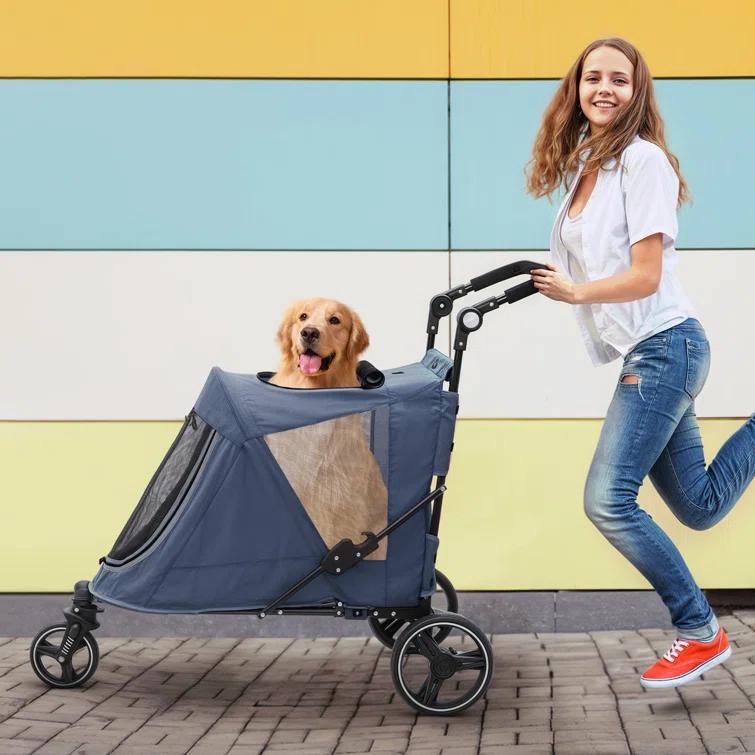 MoNiBloom Folding 3 Wheel Pet Stroller, Foldable Dog Jogger Stroller with Adjustable Handlebar and Mesh Window