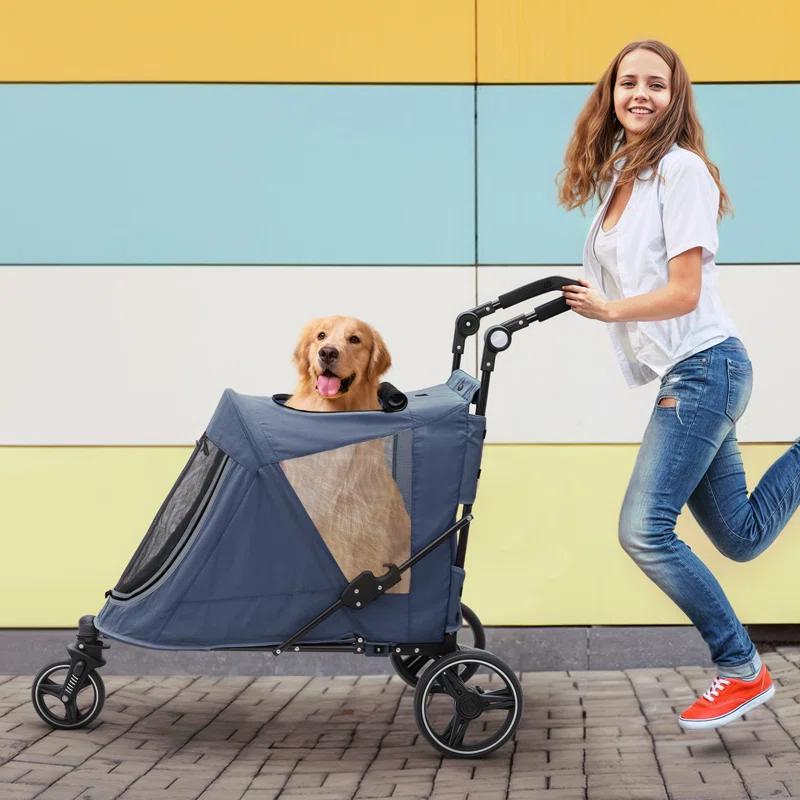 MoNiBloom Folding 3 Wheel Pet Stroller, Foldable Dog Jogger Stroller with Adjustable Handlebar and Mesh Window
