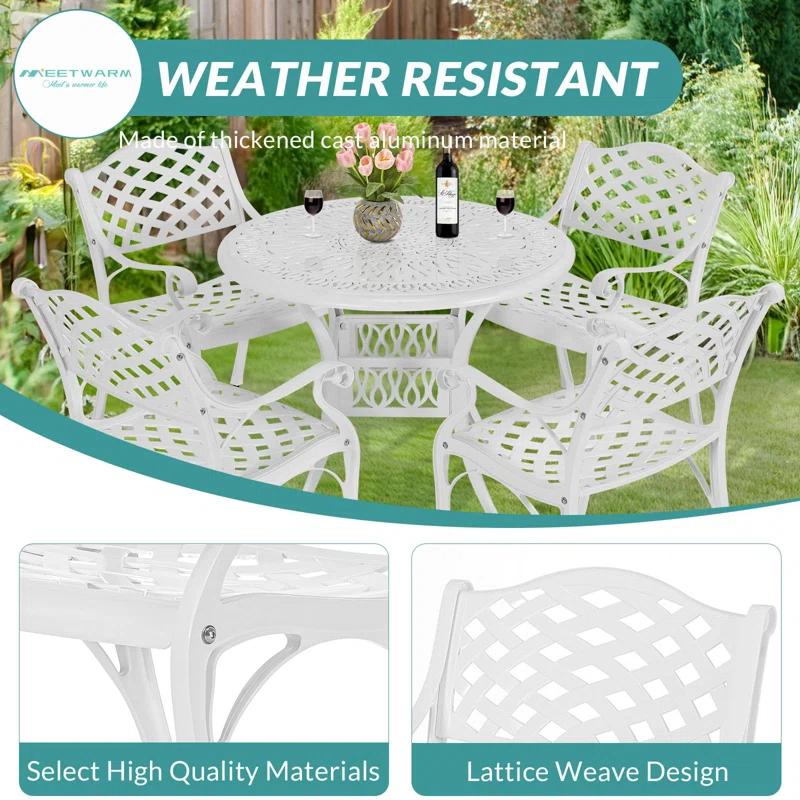 One Allium Way® 2 Piece Patio Dining Chairs, Outdoor All-Weather Cast Aluminum Chairs, Patio Bistro Dining Chair Set Of 2 For Garden Deck Backyard, Lattice Weave Design, White