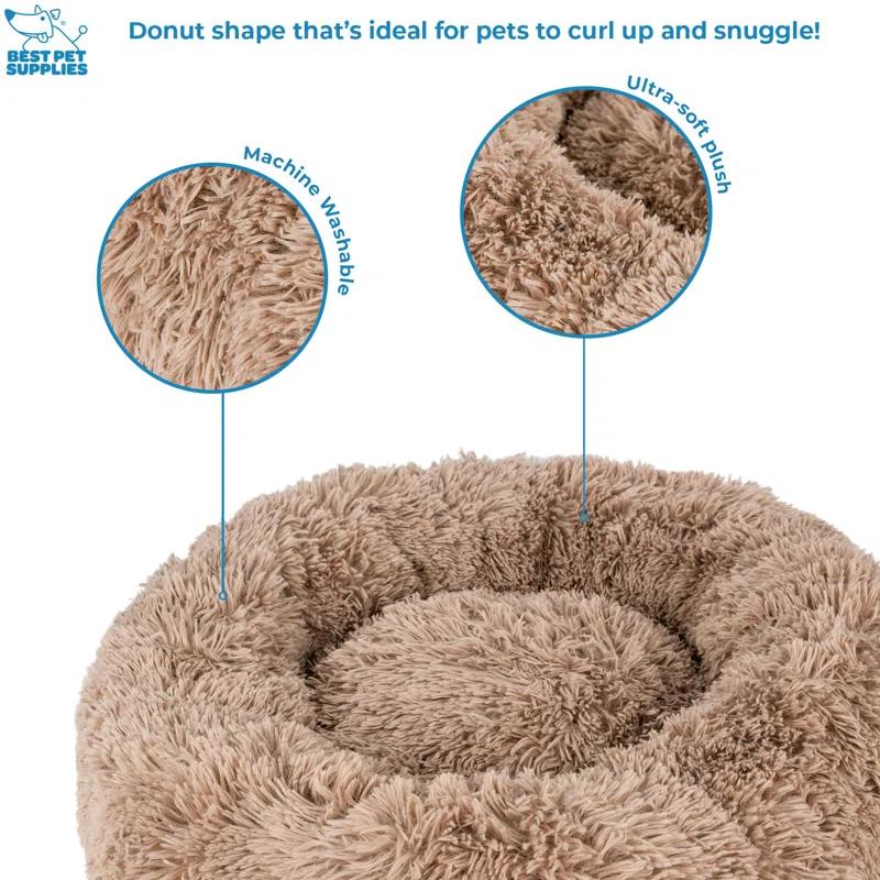 Donut Dog Bed with Faux Fur, Anti-Anxiety Cushion, Slip-Resistant