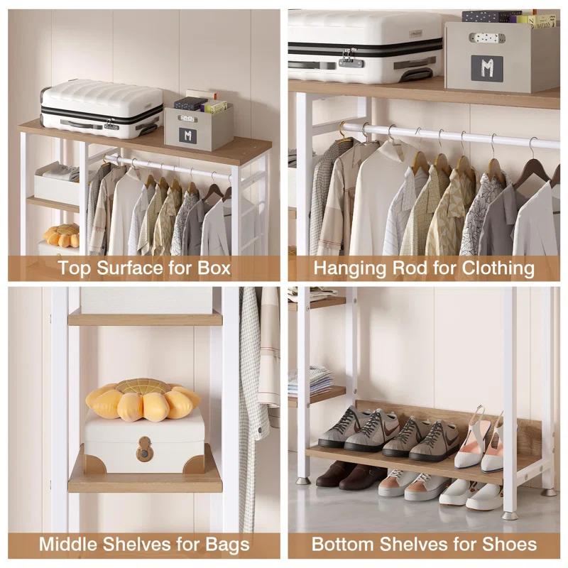 XIXIXIANGRONGAA Open Garment Clothing Rack, Free-Standing Heavy Duty Storage Closet With 5 Shelves And Hanging Rod For Small Spaces, Max Load 350LBS, White Oak