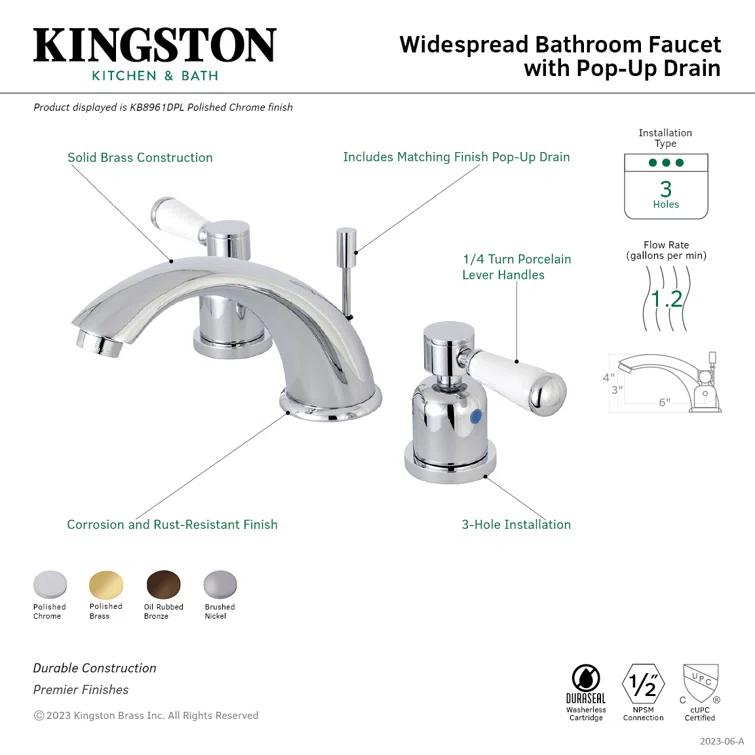 Kingston Brass Kingston Brass Paris Two-Handle 3-Hole Deck Mount Widespread Bathroom Faucet with Retail Pop-Up Drain KB8968DPL