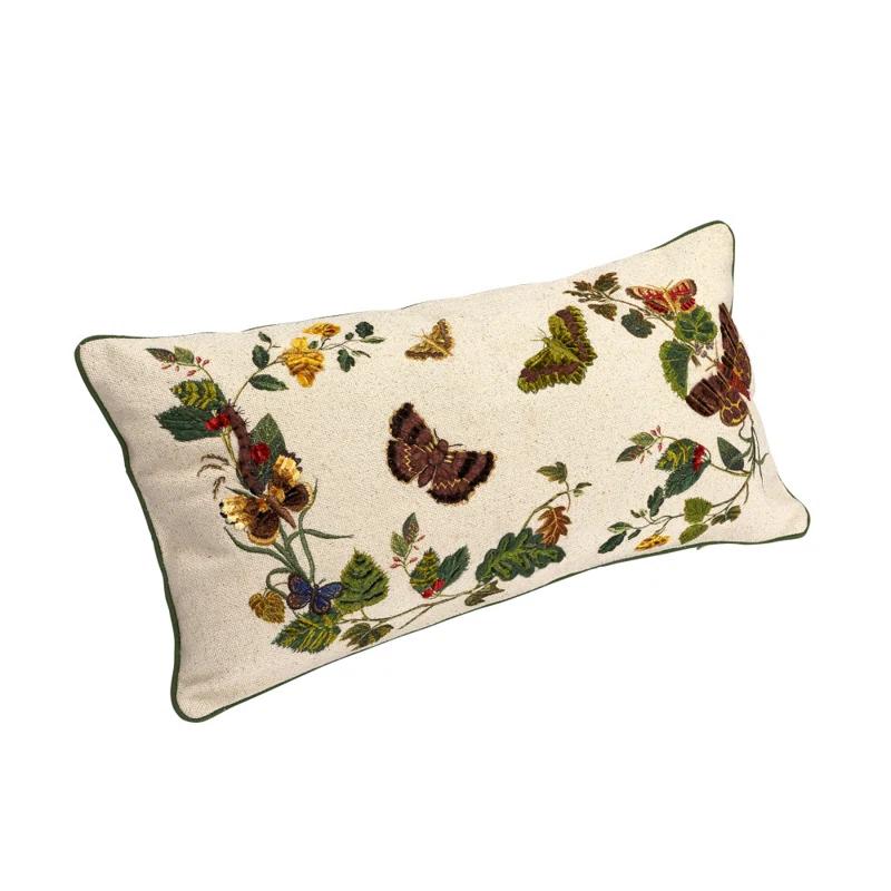 Creative Co-Op Cotton Lumbar Pillow with Butterflies, Flowers, Embroidery, and Piping