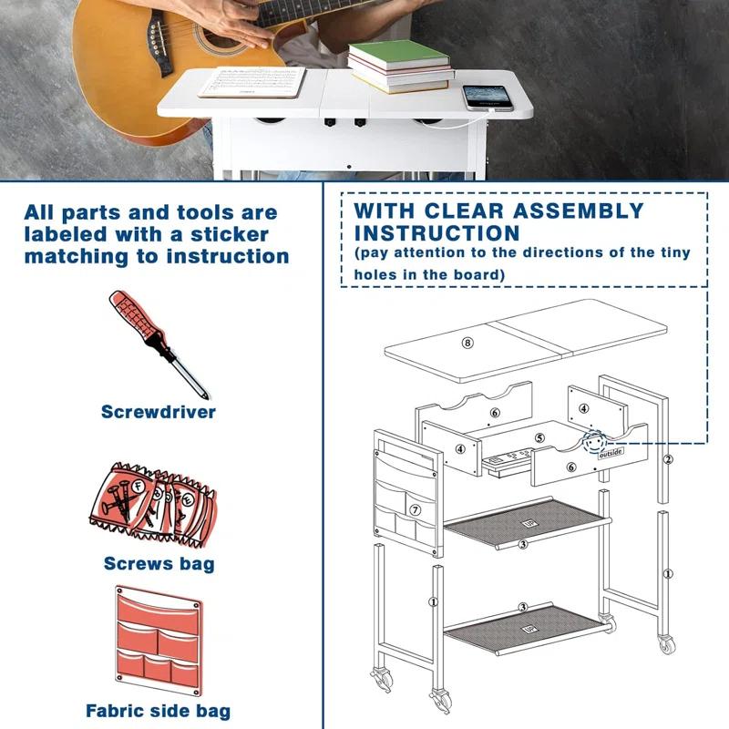 Slim Side Table With Wheels, USB Ports And Outlets, Rolling Narrow End Table With Charging Station And Bag, Flip Top Nightstand With Hidden Storage Shelves For Living Room Bedroom Small Spaces