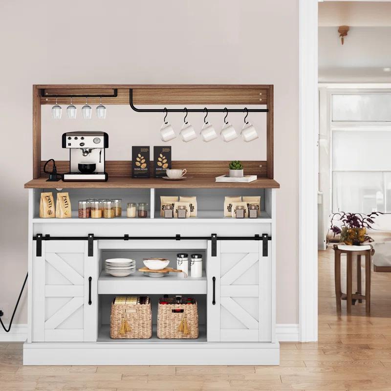 Gracie Oaks Gracie Oaks Farmhouse Coffee Bar Cabinet with Power Outlets, Goblet Holder & Sliding Barn Doors