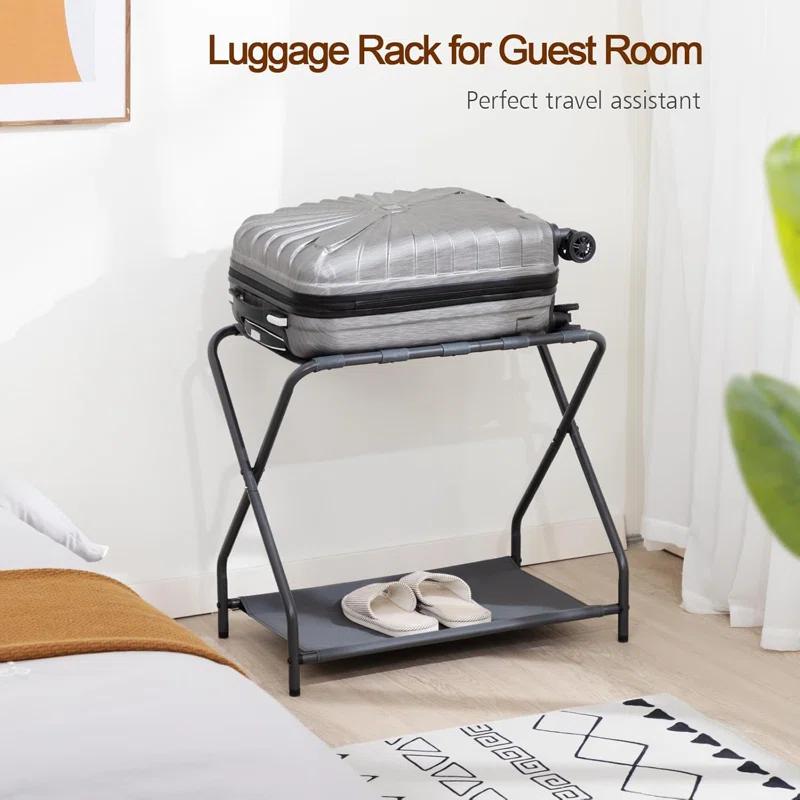 MEBROT Set Of 2, Foldable Suitcase Stands For Guest Room, Metal Luggage Holder With Storage Shelf For Bedroom, Hotel, Easy Assemble
