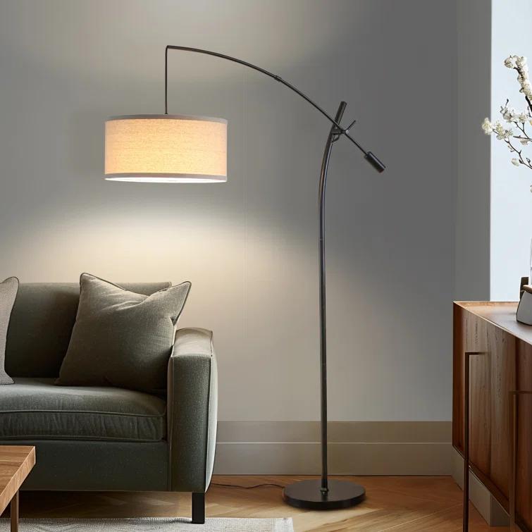 Brightech Grayson 84" Mid-Century Modern Height-Adjustable LED Arc Floor Lamp with Black Finish and Beige Cotton Fabric Drum Shade, Bulb Included